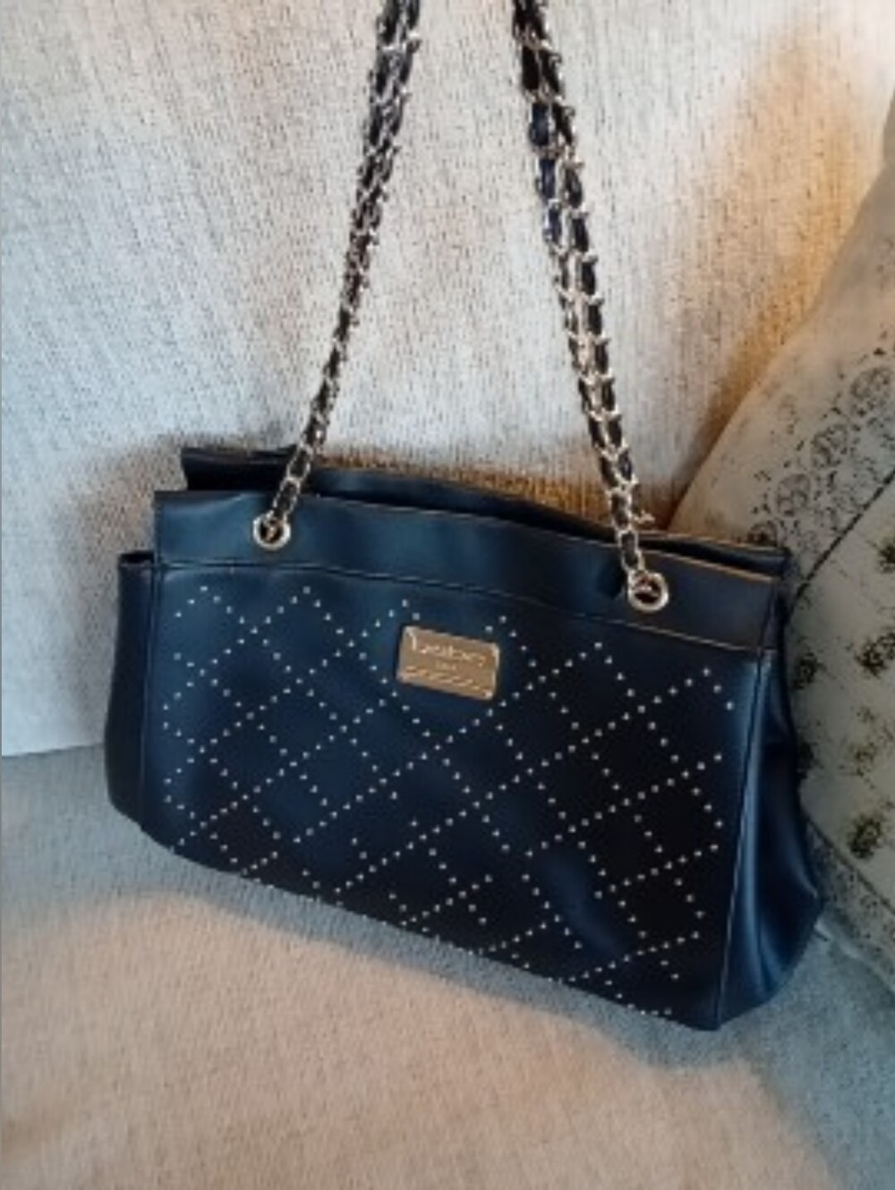 bebe Black Quilted Shoulder Faux Leather Studded Bag with Chain Straps